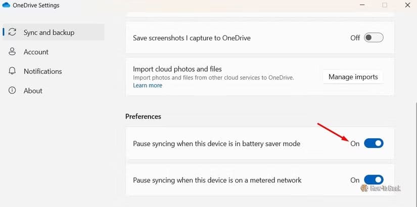 pause-syncing-when-this-device-is-in-battery-saver-mode-option-in-onedrive-settings اكتشف إعدادين في ويندوز 11 قد يكونان سبب بطء جهازك