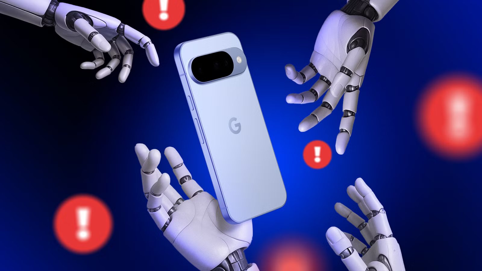 robot_hands_reaching_for_a_google_pixel_smartphone_surrounded_by_red_warning_icons_with_exclamation_marks طرق فعّالة لإيقاف ميزات الذكاء الاصطناعي المزعجة في هواتف Google Pixel