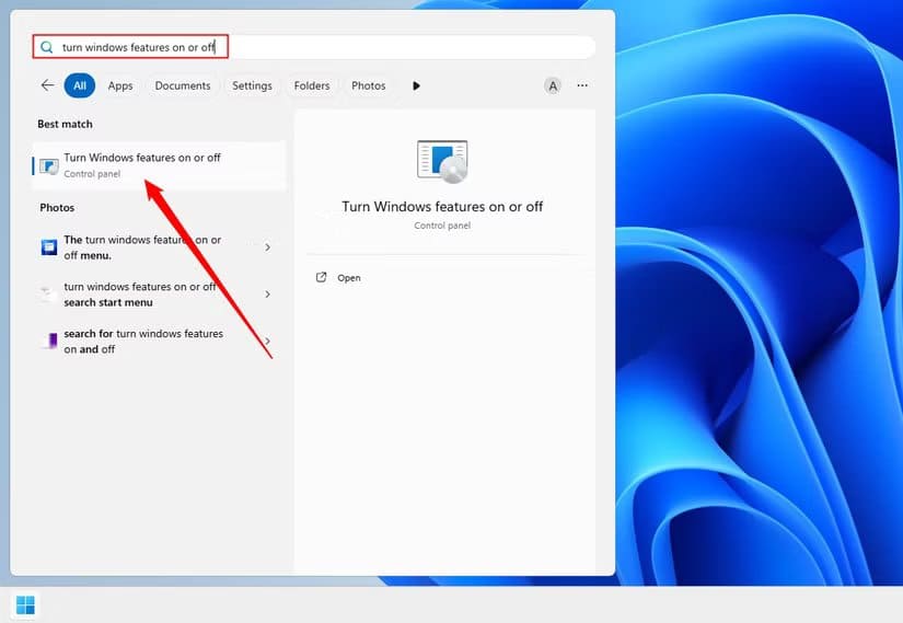 searching-for-turn-windows-features-on-or-off-in-the-start-menu-search-bar طريقة إدارة الميزات الاختيارية في Windows 11 خطوة بخطوة