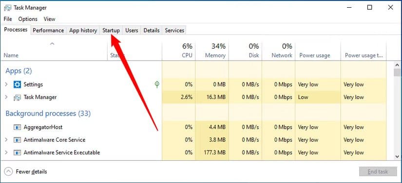select-the-startup-tab-once-you-open-the-task-manager خفض استهلاك الكمبيوتر للطاقة دون التأثير على الأداء