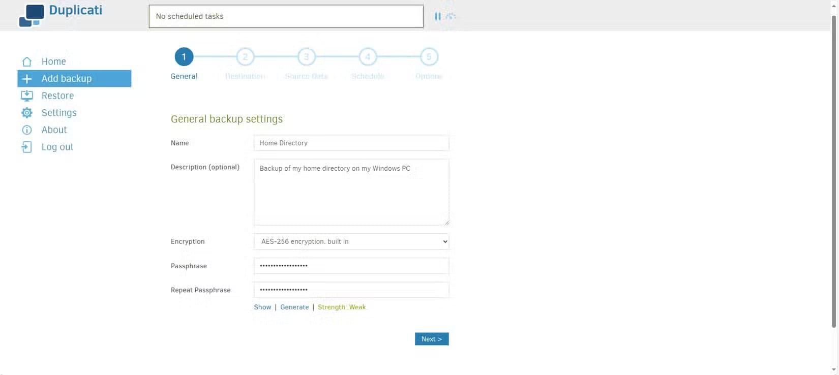 setting-the-passphrase-for-a-new-backup-in-duplicati-1 طريقة موثوقة لعمل نسخ احتياطي لملفات Windows باستخدام أداة مفتوحة المصدر
