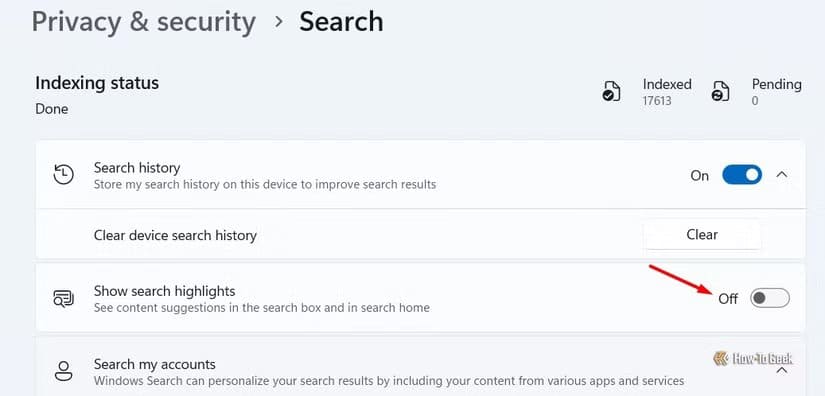 show-search-highlights-toggle-in-the-settings-app طريقة بسيطة لإخفاء أيقونات البحث المزعجة من شريط مهام Windows 11