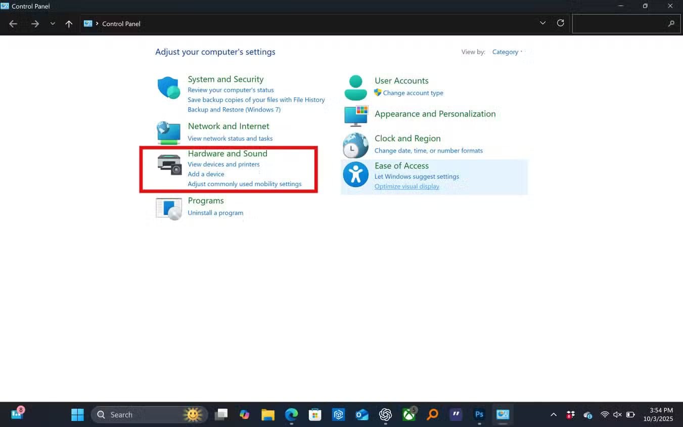 the-control-panel-page-in-windows-11-with-hardware-and-sound-highlighted إعدادات خفية في Windows 11 تعيد لجهازك السرعة التي فقدها