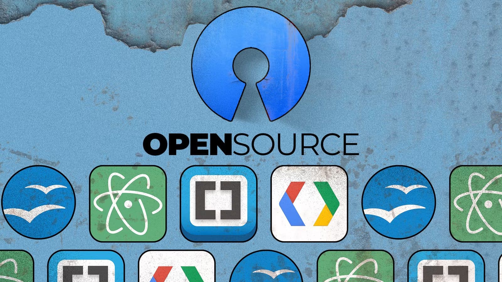 the-open-source-logo-above-faded-icons-of-discontinued-open-source-apps-including-atom-brackets-google-code-and-openoffice-set-against-a-worn-blue-textured-background قصص تطبيقات مفتوحة المصدر أحبها المستخدمون ثم اختفت بلا أثر
