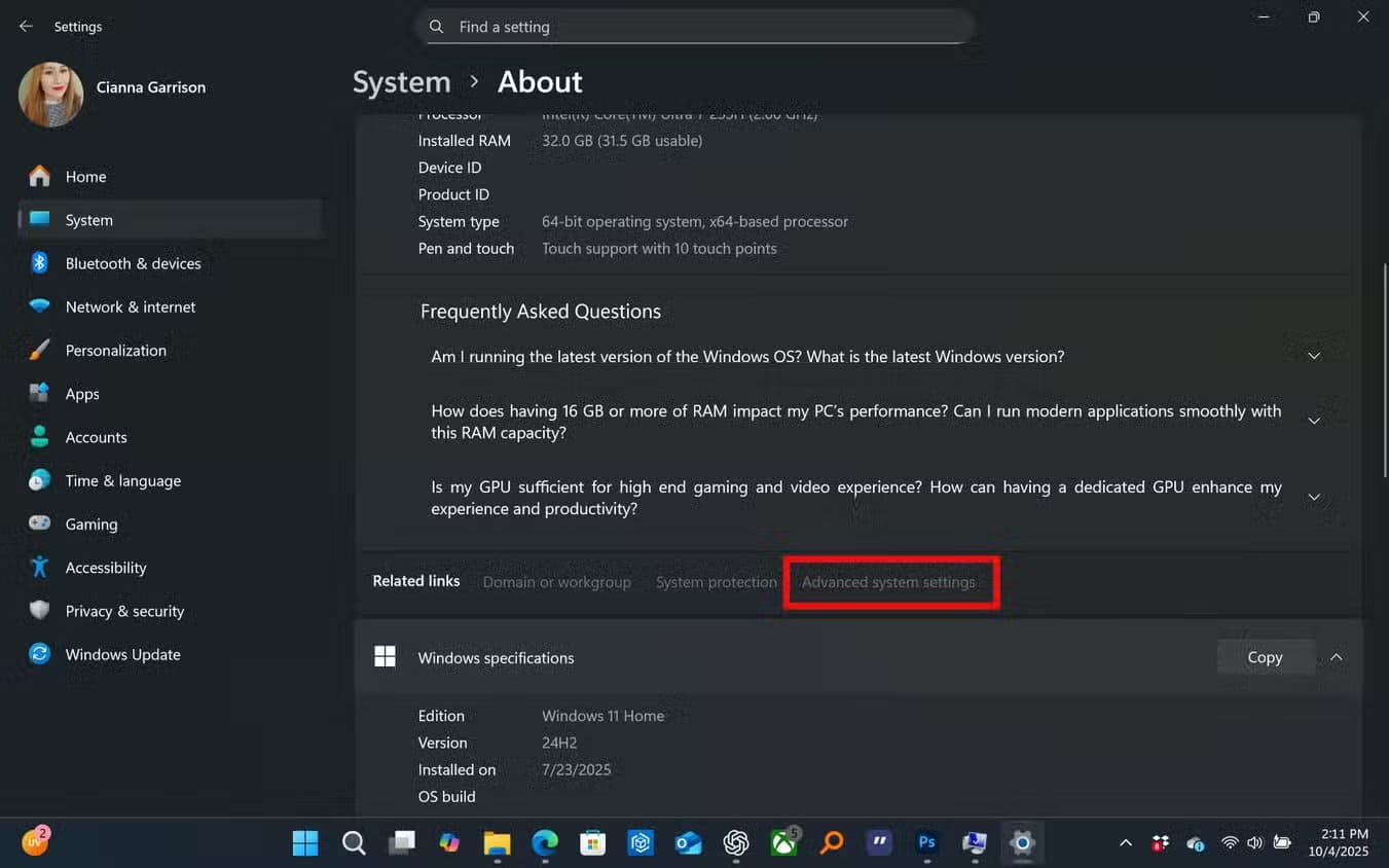 the-windows-11-about-page-with-advanced-systems-settings-tab-highlighted إعدادات خفية في Windows 11 تعيد لجهازك السرعة التي فقدها