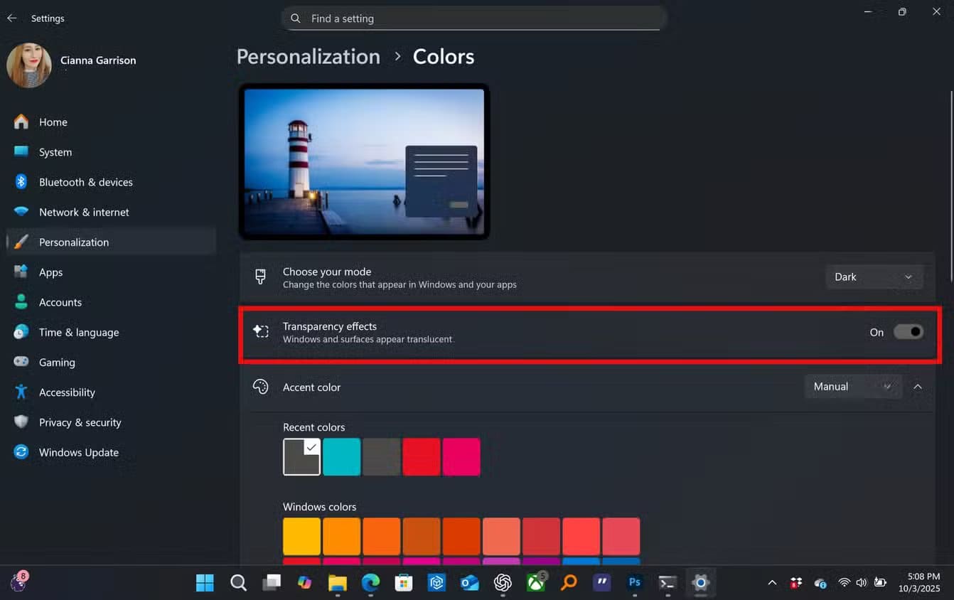 the-windows-11-colors-page-with-transparency-effects-highlighted إعدادات خفية في Windows 11 تعيد لجهازك السرعة التي فقدها