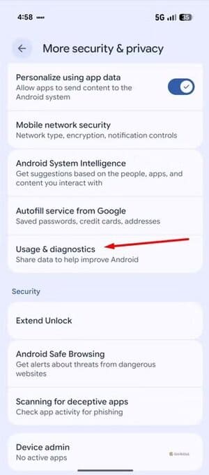 usage-diagnostics-option-in-pixel-10 هذه الإعدادات الست التي في Android قد تُعرض خصوصيتك للخطر