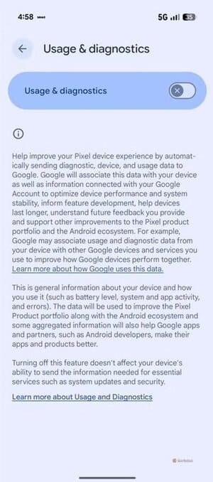 usage-diagnostics-toggle-in-pixel-10 هذه الإعدادات الست التي في Android قد تُعرض خصوصيتك للخطر
