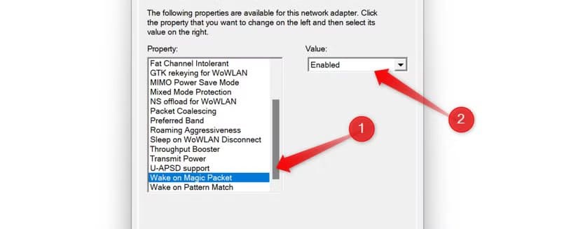 2-enabling-the-wake-on-lan-feature-in-the-advanced-tab-of-network-adapter-properties تشغيل جهاز الكمبيوتر الذي يعمل بنظام Windows عن بُعد بسهولة وأمان