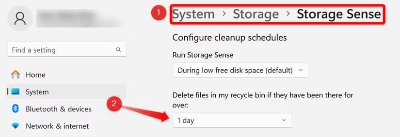 6-changing-the-schedule-of-data-deletion-in-recycle-bin-in-the-storage-settings حذف الملفات مباشرة دون المرور بسلة المحذوفات على Windows 11