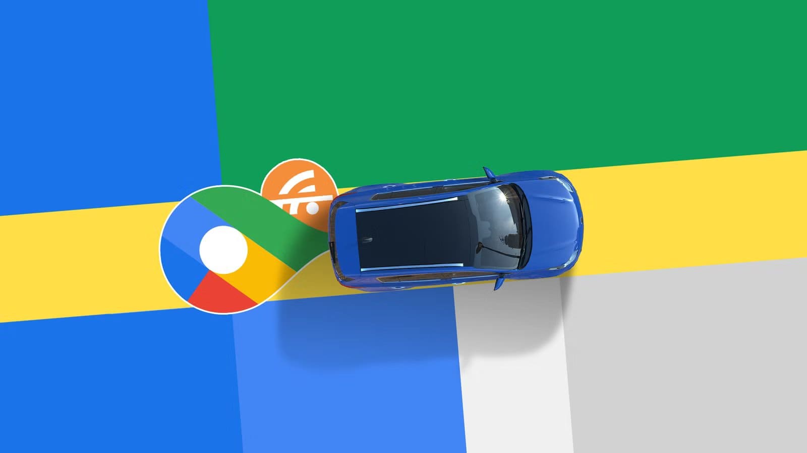 a-blue-car-drives-across-a-stylized-google-maps-background-with-the-google-maps-pin-icon-and-a-wi-fi-symbol-crossed-out-behind كيف تمنع خرائط جوجل من استهلاك بيانات الإنترنت أثناء القيادة