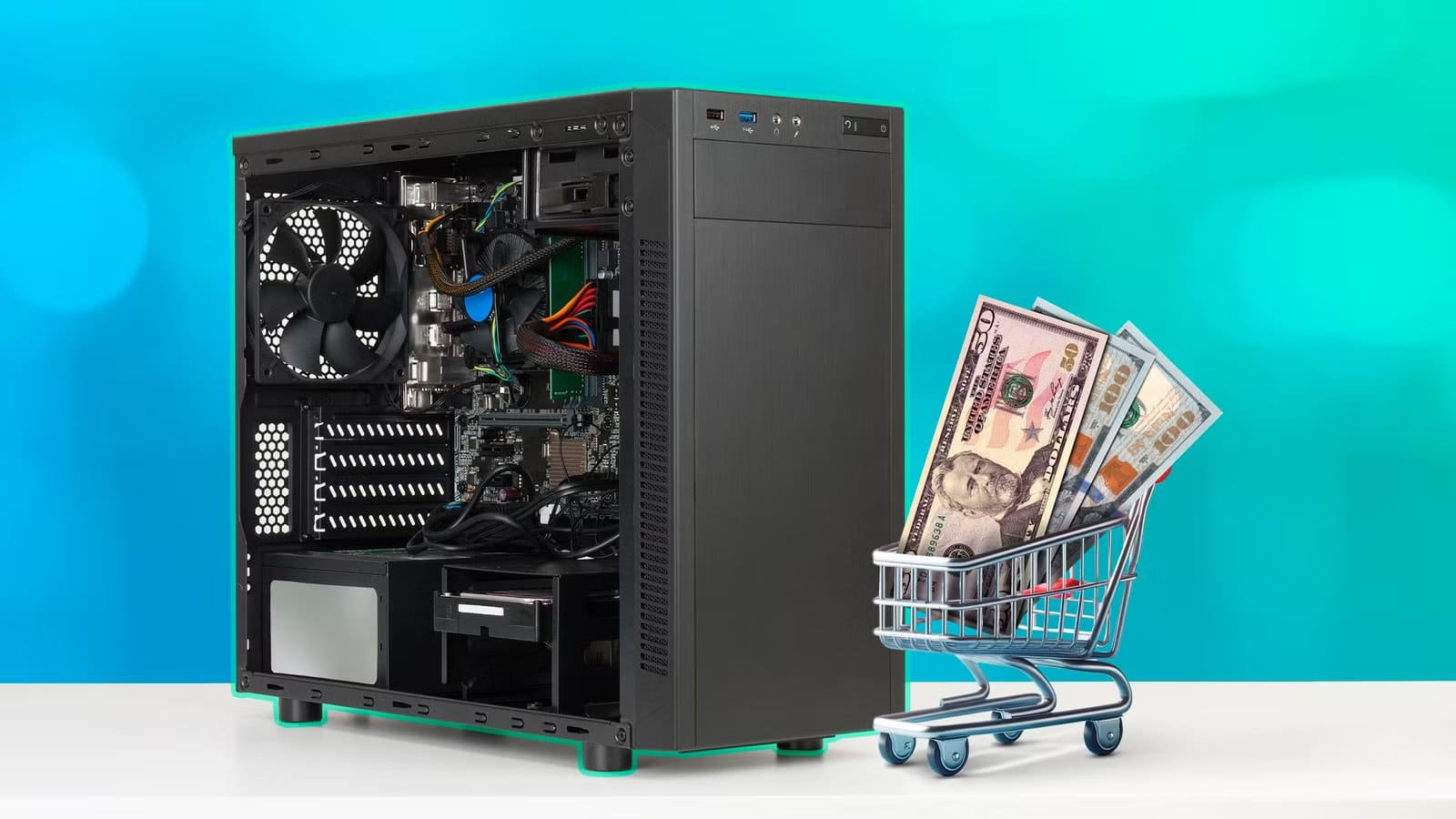 a-computer-case-and-a-miniature-shopping-cart-with-some-dollar-bills قطع حاسوب تبدو مهمة لكنها تهدر أموالك بدون أي فائدة حقيقية
