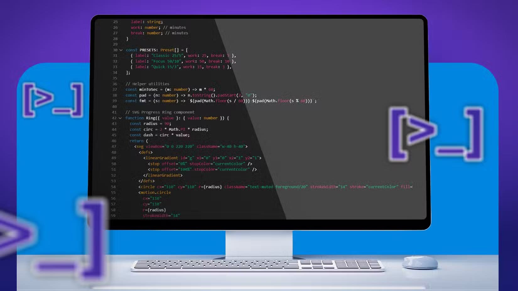 a-computer-monitor-displaying-code-with-a-purple-and-blue-background-and-stylized-angular-bracket-symbols-floating-around خرافات برمجية ما زالت تخدع الكثير من المطورين