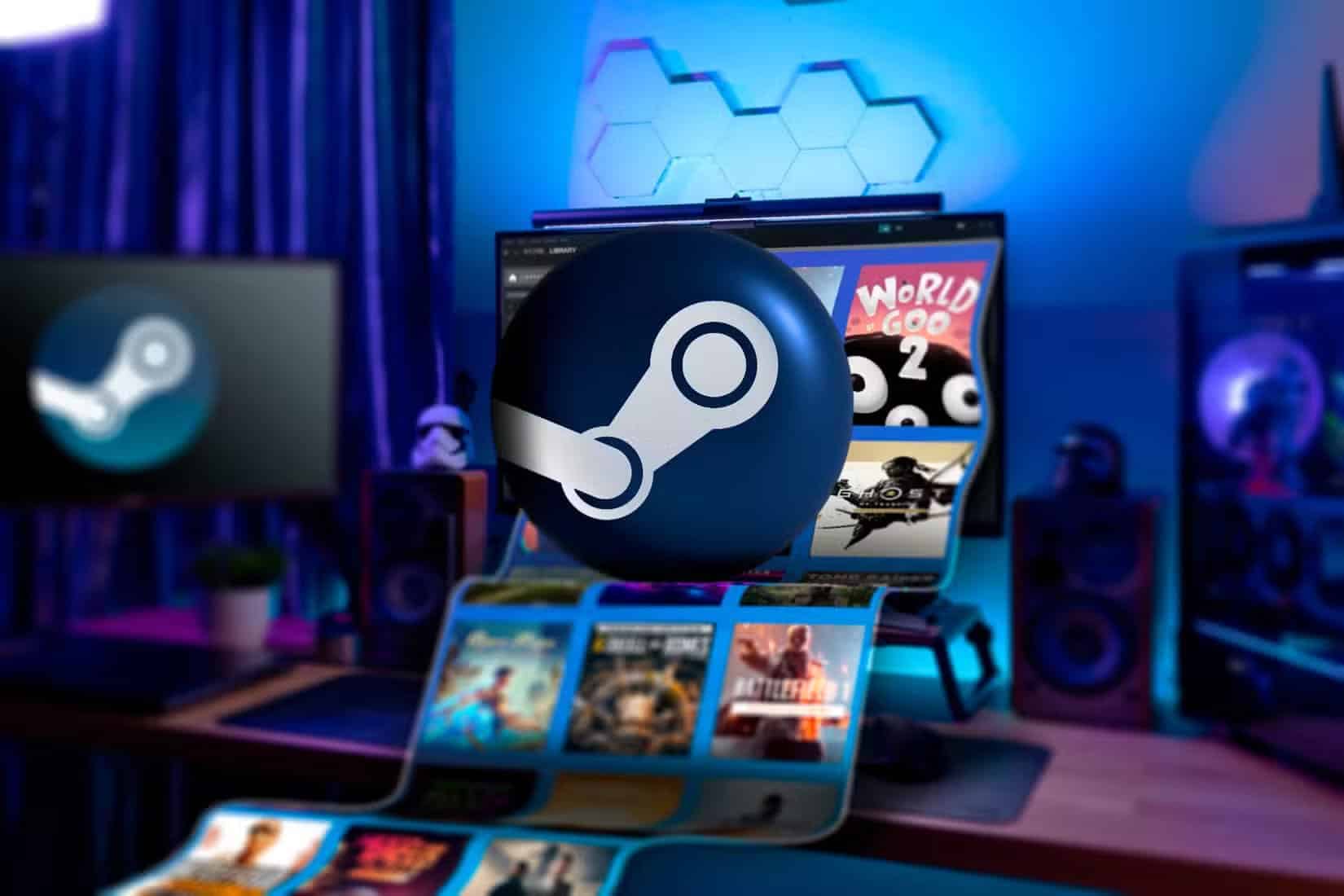 a-gaming-pc-with-several-steam-games-coming-out-of-the-screen-and-the-steam-logo-in-the-center Steam يتخلى عن Windows 10 وهذه هي الخطة القادمة