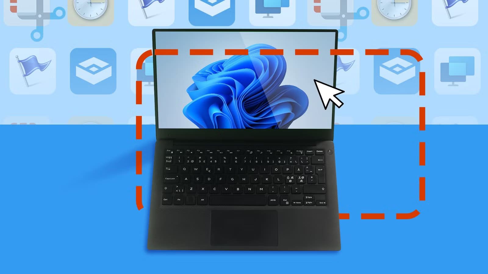 a-laptop-displaying-the-windows-11-wallpaper-with-a-dashed-red-screenshot-outline-and-a-cursor-icon-set-against-a-blue-background-with-windows-tool-icons-faintly-visible أدوات مخفية في ويندوز تمنحك تحكمًا أكبر وتجربة استخدام أفضل
