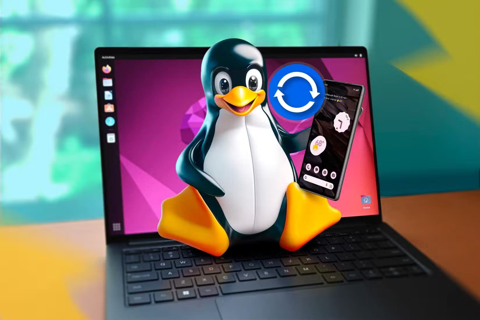 a-linux-laptop-with-tux-sitting-on-the-keyboard-holding-an-android-phone أفضل تطبيقات يبدأ بها مستخدم Linux الجديد للحصول على تجربة مريحة وسلسة