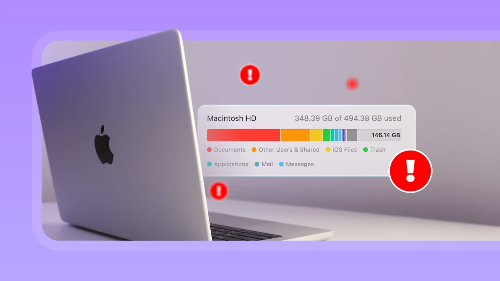 a-macbook-laptop-sits-on-a-desk-with-a-macos-storage-bar-floating-beside-it-showing-a-nearly-full-macintosh-hd-highlighted-with-red-warning-icons طرق فعّالة لاستعادة مساحة القرص على جهاز Mac دون حذف ملفاتك الأساسية