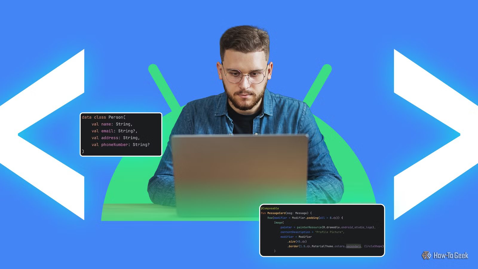 a-man-working-on-a-laptop-with-the-android-logo-behind-him-surrounded-by-kotlin-code-snippets-and-large-angle-bracket-symbols-on-a-blue-background أهم الدروس التي يجب معرفتها قبل بدء برمجة تطبيقات Android