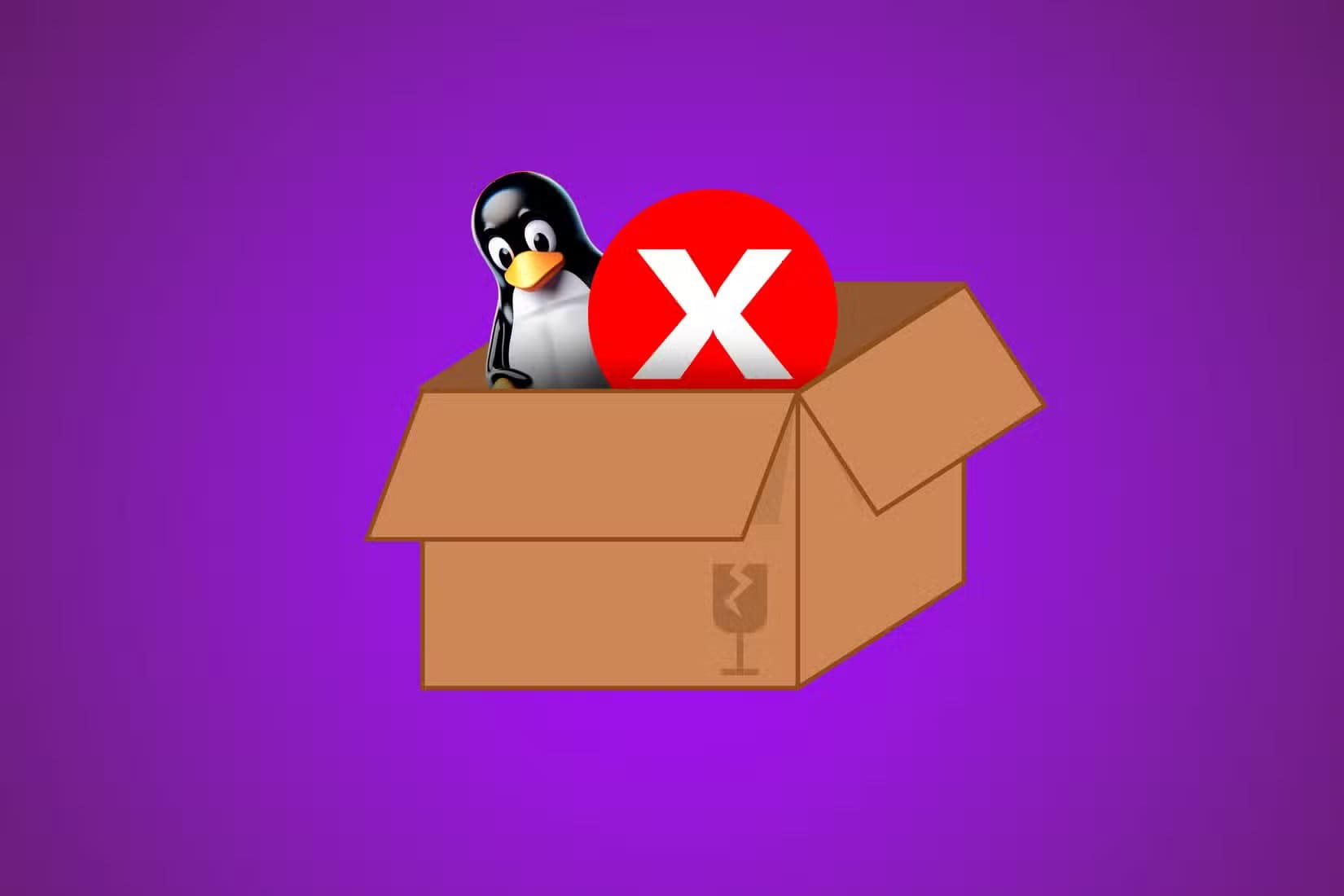 a-package-with-a-symbol-of-a-broken-glass-and-tux-with-an-error-symbol-with-an-x-coming-out-of-the-box قائمة توزيعات لينكس التي تمنح المبتدئين أفضل بداية بلا تعقيد
