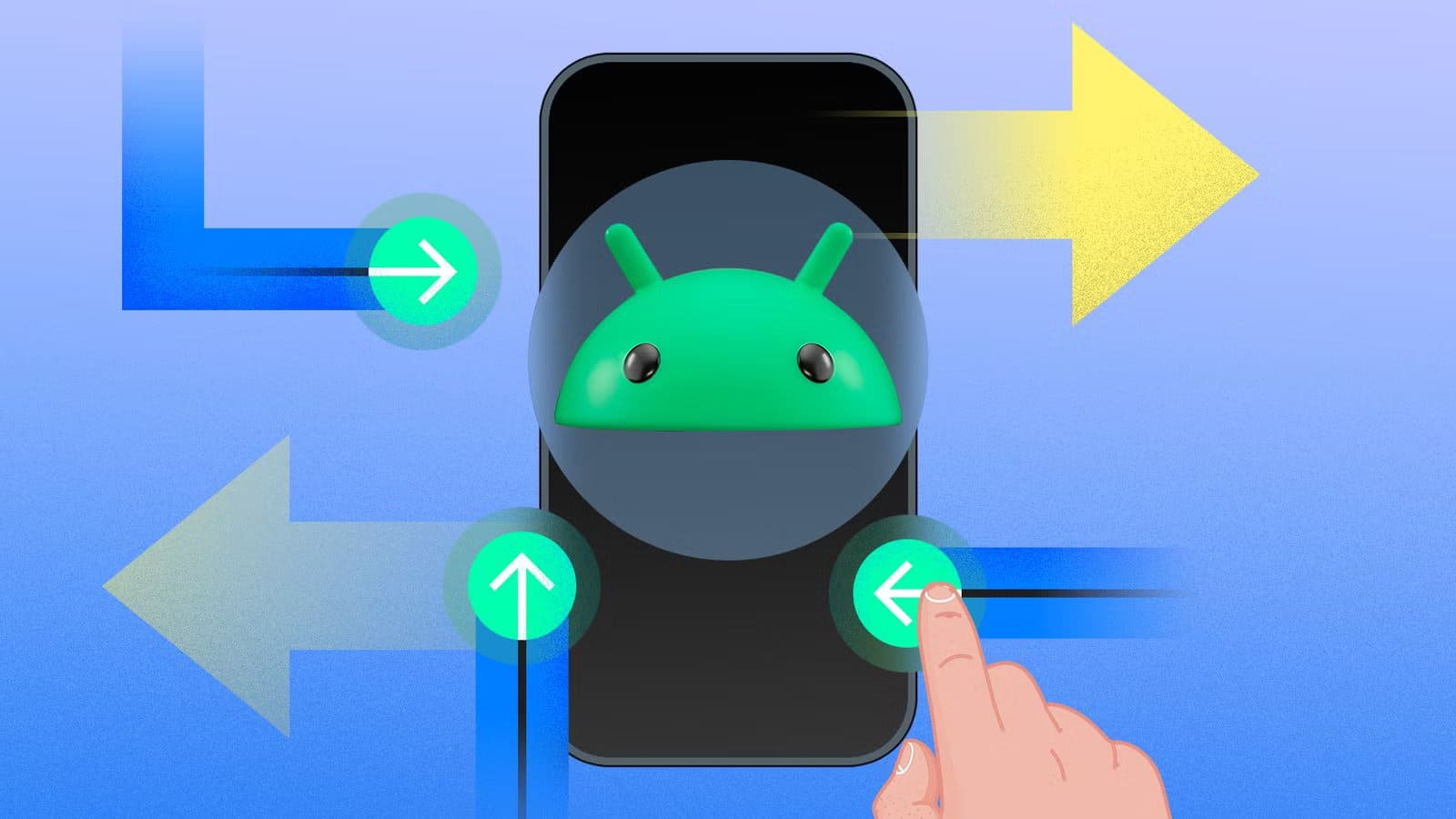 a-smartphone-with-the-android-mascot-centered-on-the-screen-surrounded-by-colorful-directional-arrows-indicating-swipe-gestures إيماءات بسيطة تمنح هاتفك الأندرويد استجابة أسرع وتجربة استخدام أكثر سلاسة