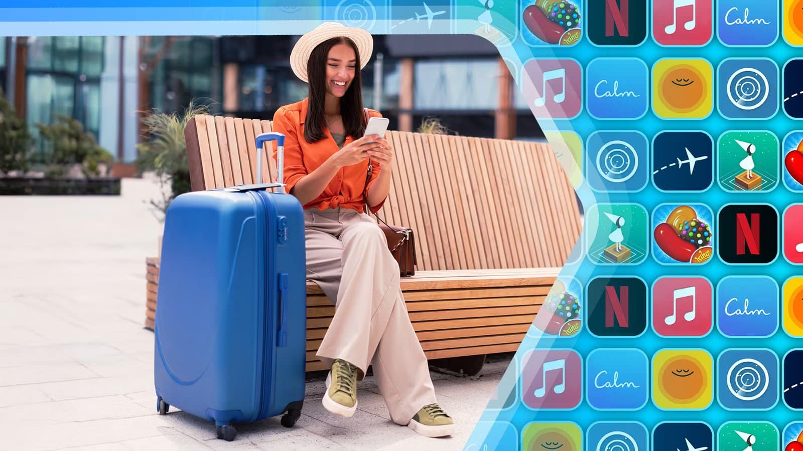 a-smiling-traveler-with-a-blue-suitcase-sits-on-a-bench-using-her-phone-beside-a-colorful-collage-of-travel-and-entertainment-app-icons-like-netflix-calm-and-flight-trackers تطبيقات أساسية تجعل السفر أكثر أمانًا وتنظيمًا قبل أي رحلة