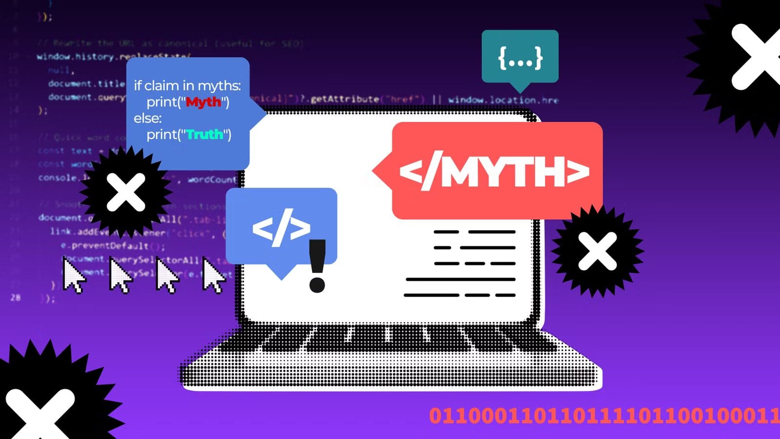 a-stylized-laptop-surrounded-by-coding-icons-shows-a-small-python-snippet-about-checking-myths-with-a-large-myth-tag خرافات برمجية ما زالت تخدع الكثير من المطورين