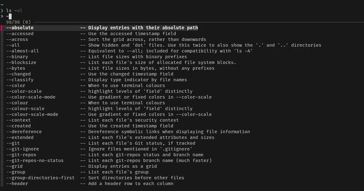 a-terminal-window-displays-a-list-of-z-shell-completion-options-for-the-ls-command-the-options-are-displayed-vertically-and-augmented-with-the-fzf-command ما الذي يجعل Zsh يتفوق على Bash في تجربة الاستخدام اليومية