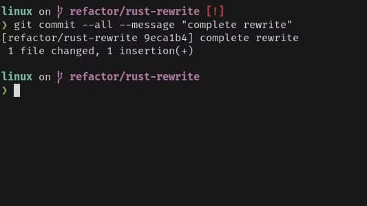 a-terminal-window-that-shows-a-git-commit-message-after-it-completes-the-commit-message-reads-complete-rewrite-1 ما الذي يجعل Zsh يتفوق على Bash في تجربة الاستخدام اليومية