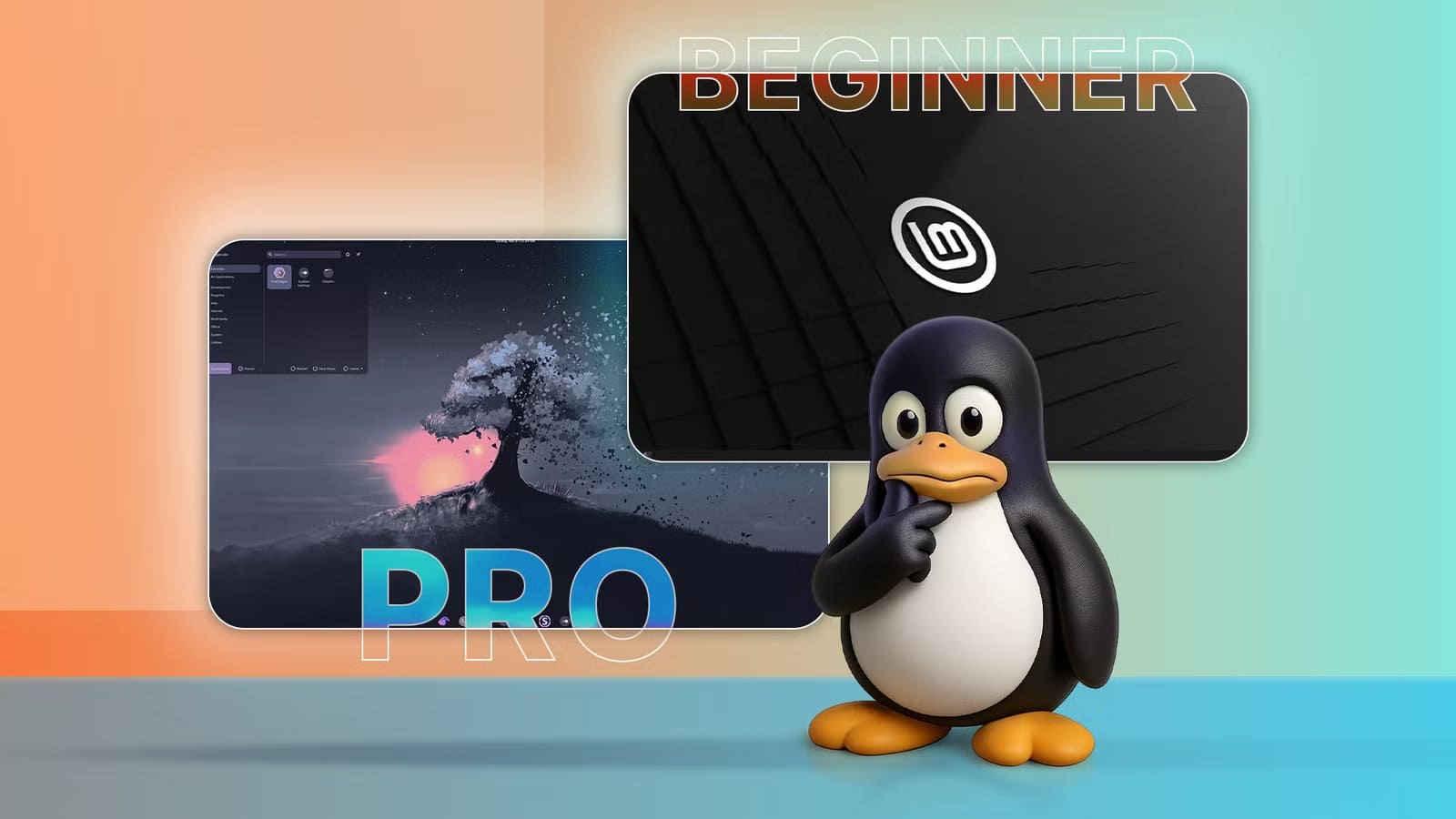 a-thoughtful-linux-mascot-beside-two-linux-desktop-screens-divided-into-beginner-on-the-right-and-pro-on-the-left قائمة توزيعات لينكس التي تمنح المبتدئين أفضل بداية بلا تعقيد