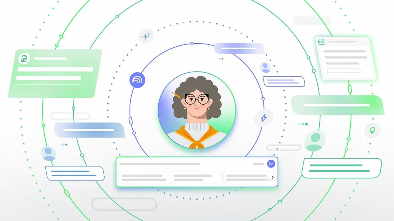 a-woman-in-the-middle-of-many-circles-with-empty-thought-bubbles-in-notebooklm طرق مبتكرة لاستخدام NotebookLM لتحسين تنظيم المعرفة وتسريع إنجاز المهام