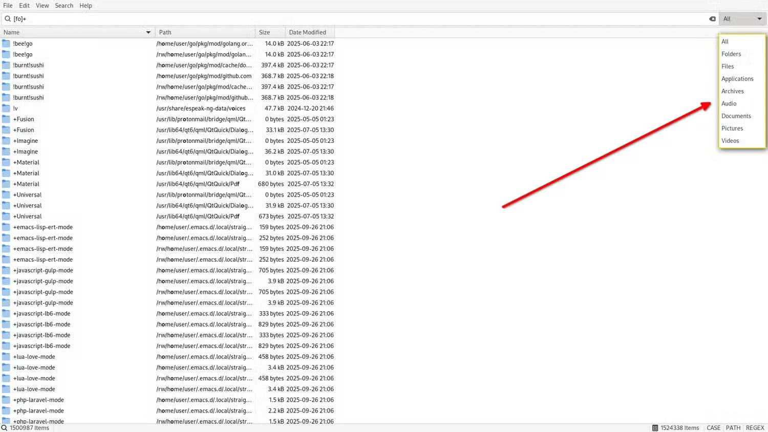 an-fsearch-window-is-displayed-and-a-red-arrow-points-to-the-top-right-corner-where-a-drop-down-list-displays-file-class-options أداة بحث تغيّر تجربة مستخدمي Windows وتمنحهم سرعة شبيهة بما اعتادوه على Linux