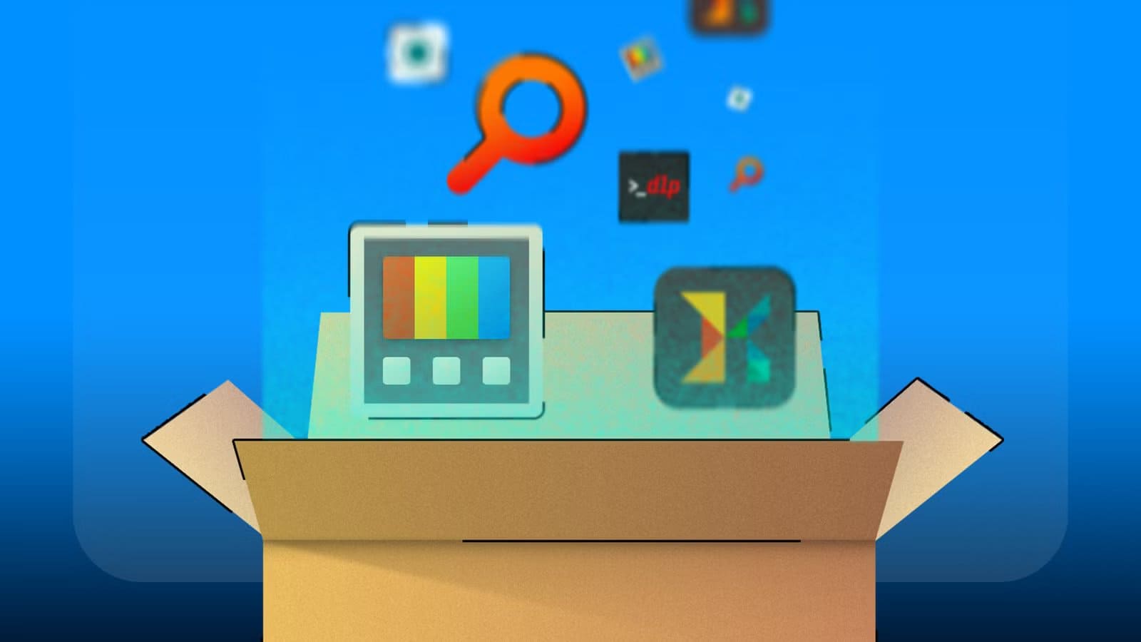 an-open-cardboard-box-with-icons-of-open-source-apps-floating-out-of-it-including-powertoys-ksnip-everything-and-yt-dlp تطبيقات مفتوحة المصدر وخفيفة تجعل Windows 11 أكثر كفاءة