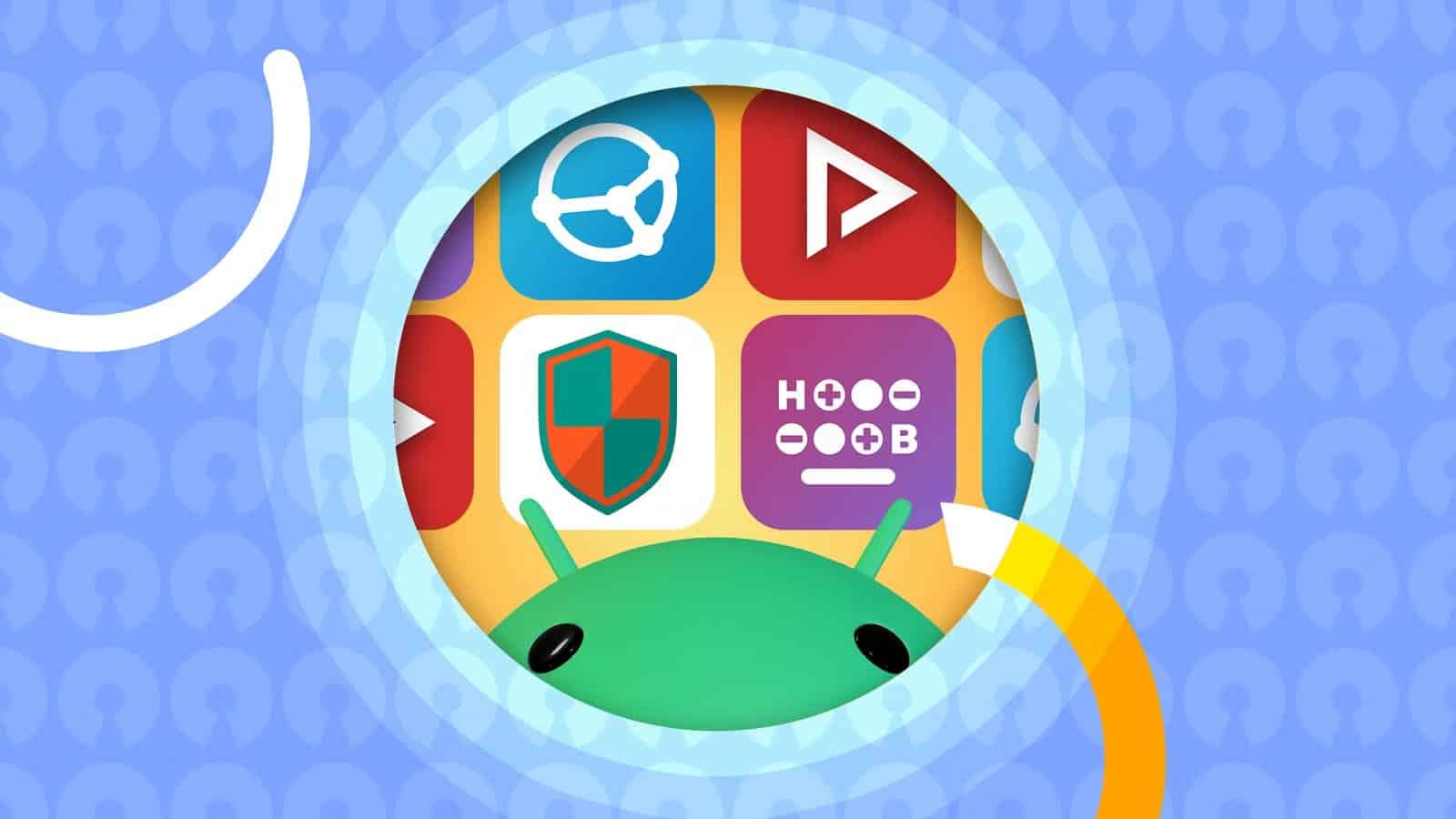 android-mascot-peeking-into-a-circular-window-filled-with-icons-of-open-source-android-apps-set-against-a-blue-background-patterned-with-open-source-symbols تطبيقات Android مفتوحة المصدر تستحق الاستخدام حتى لو لم تكن مجانية