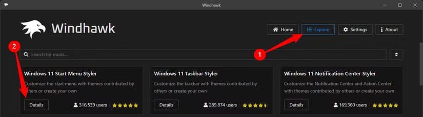 click-explore-then-click-details-in-windhawk طرق بسيطة لإصلاح أكثر مشاكل Windows 11 المزعجة