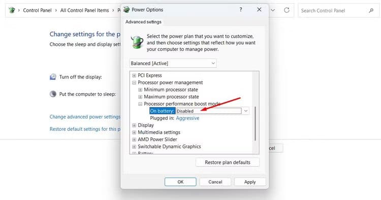 disabled-option-in-the-control-panel طرق فعّالة لزيادة عمر بطارية أجهزة الكمبيوتر المحمولة بنظام Windows