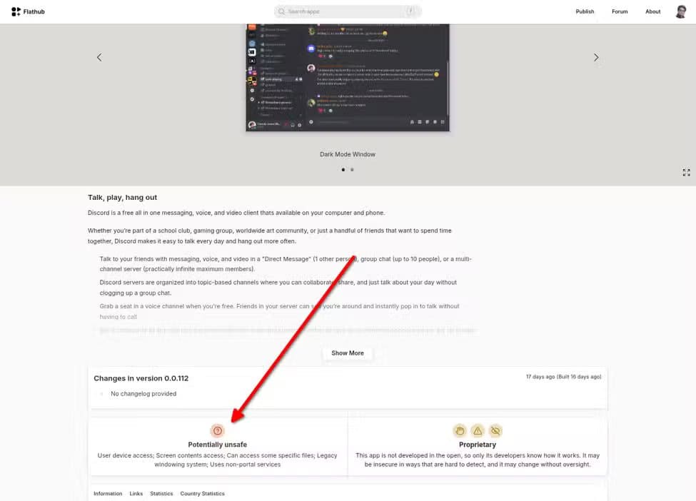 discord-flathub-page-saying-its-potentially-unsafe أفضل 7 تطبيقات Flatpak لمستخدمي لينُكس