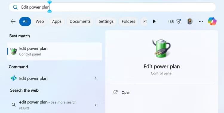 edit-power-plan-option-in-the-start-menu طرق فعّالة لزيادة عمر بطارية أجهزة الكمبيوتر المحمولة بنظام Windows