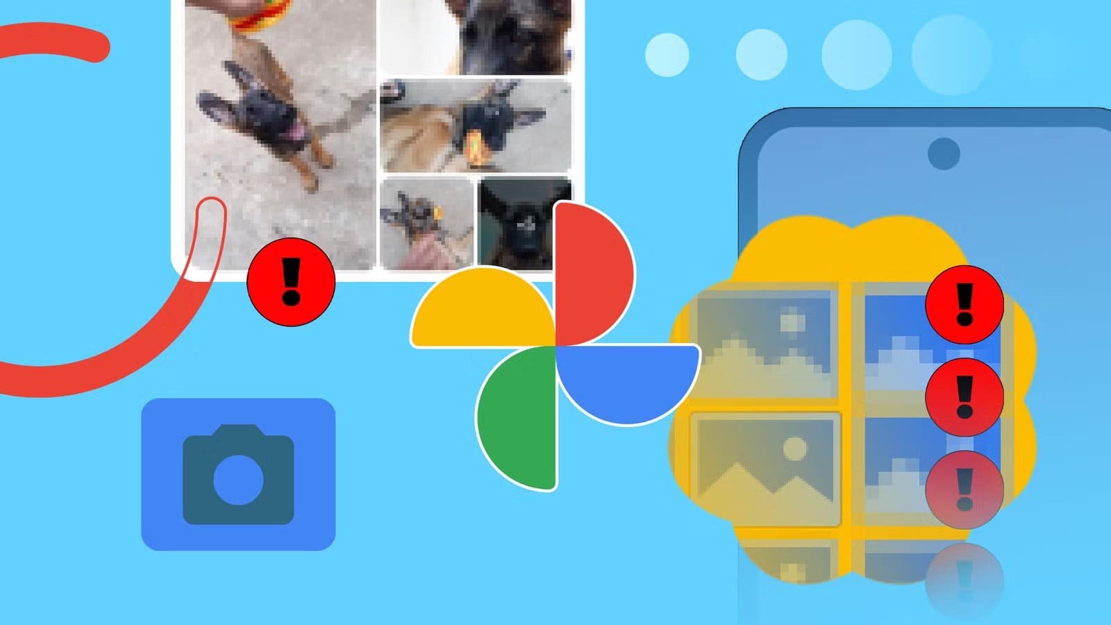google-photos-logo-surrounded-by-warning-icons-and-pixelated-image-thumbnails تجنّب فقدان جودة صورك بعد النسخ الاحتياطي في تطبيق Google Photos