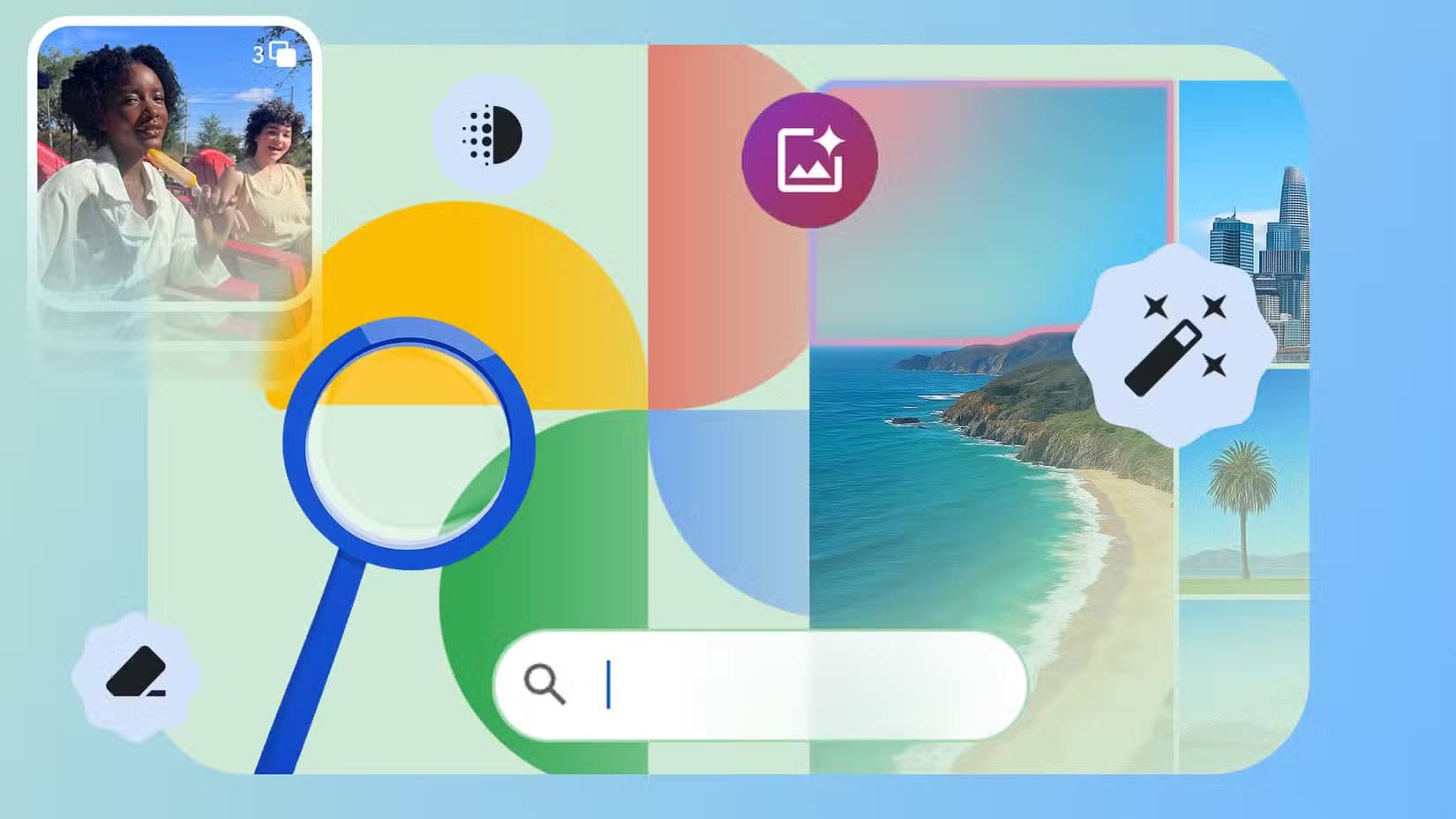 google-photos-logo-with-feature-icons-around-it-a-magnifying-glass-search-bar-and-photo-previews تجنّب فقدان جودة صورك بعد النسخ الاحتياطي في تطبيق Google Photos