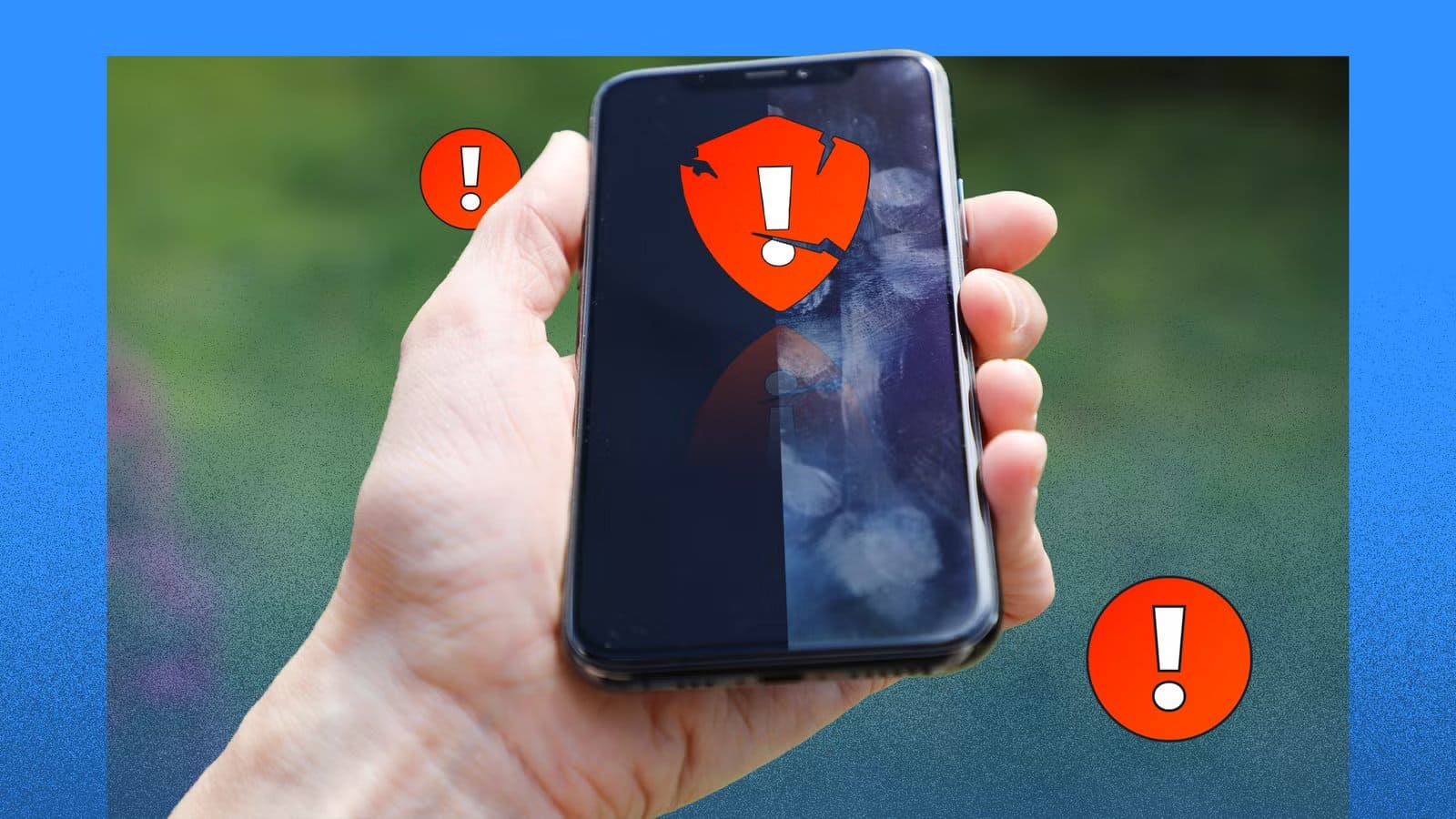 hand-holding-a-phone-with-a-screen-split-between-clean-and-smudged-sides-surrounded-by-warning-and-a-cracked-shield علامات تؤكد تدهور حساسية مستشعر البصمة وكيف تتجنب تلف الطبقة الواقية