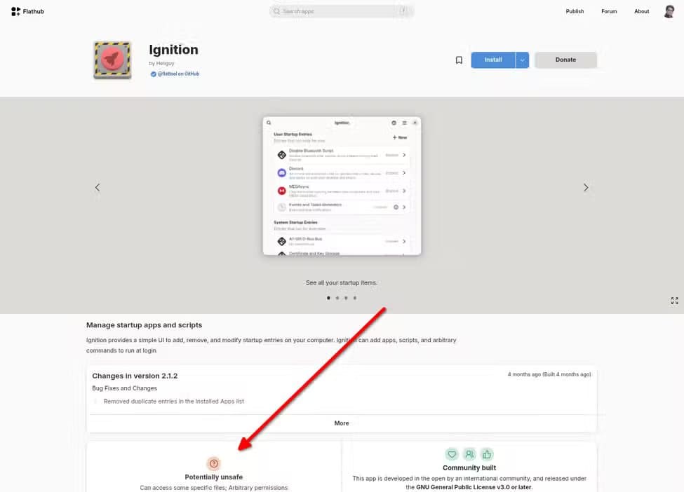 ignition-flathub-page-saying-its-potentially-unsafe أفضل 7 تطبيقات Flatpak لمستخدمي لينُكس
