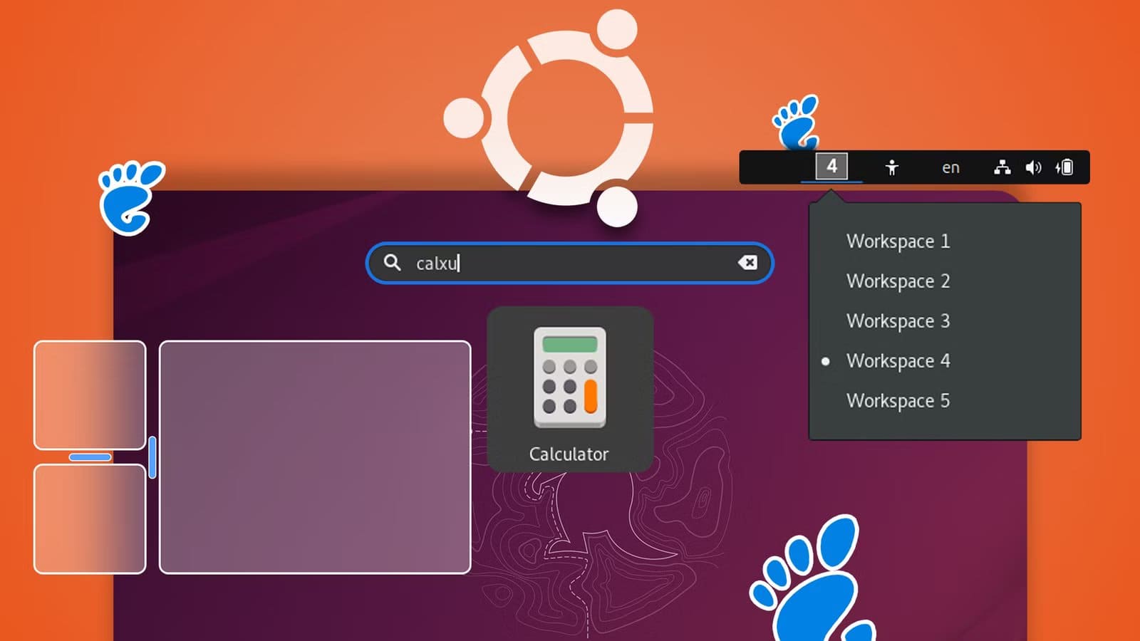 illustration-of-the-ubuntu-desktop-using-gnome-extensions-showing-a-fuzzy-search-tiling-shell-and-a-workspace-indicator-dropdown-with-ubuntu-and-gnome-logos-in-the-background حلول فعّالة لأكثر مشاكل Ubuntu شيوعًا باستخدام ملحقات GNOME