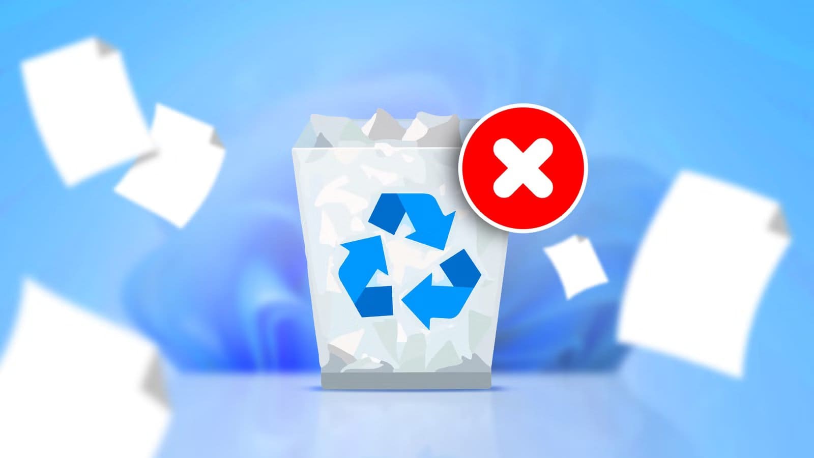 illustration-of-the-windows-recycle-bin-filled-with-paper-sheets-featuring-a-large-red-x-icon-over-it-on-a-windows-11-background حذف الملفات مباشرة دون المرور بسلة المحذوفات على Windows 11