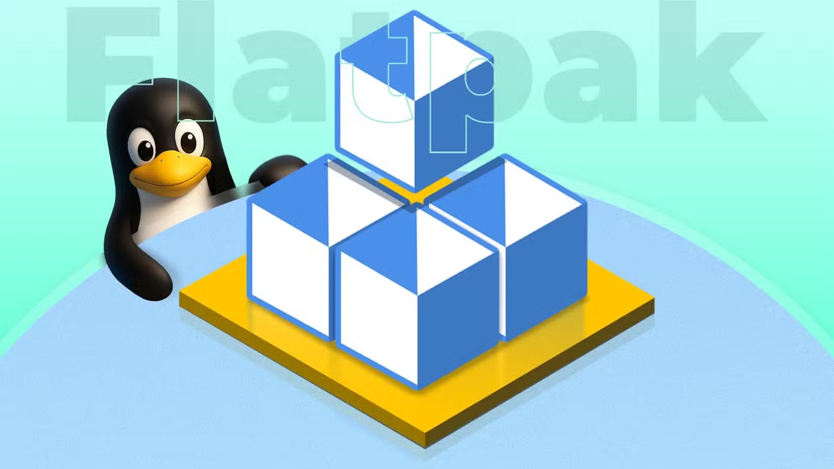 illustration-of-tux-the-linux-mascot-beside-the-flatpak-logo-made-of-blue-and-white-cubes-on-a-yellow-base-with-the-word-flatpak-in-the-background-1 أفضل تطبيقات يبدأ بها مستخدم Linux الجديد للحصول على تجربة مريحة وسلسة