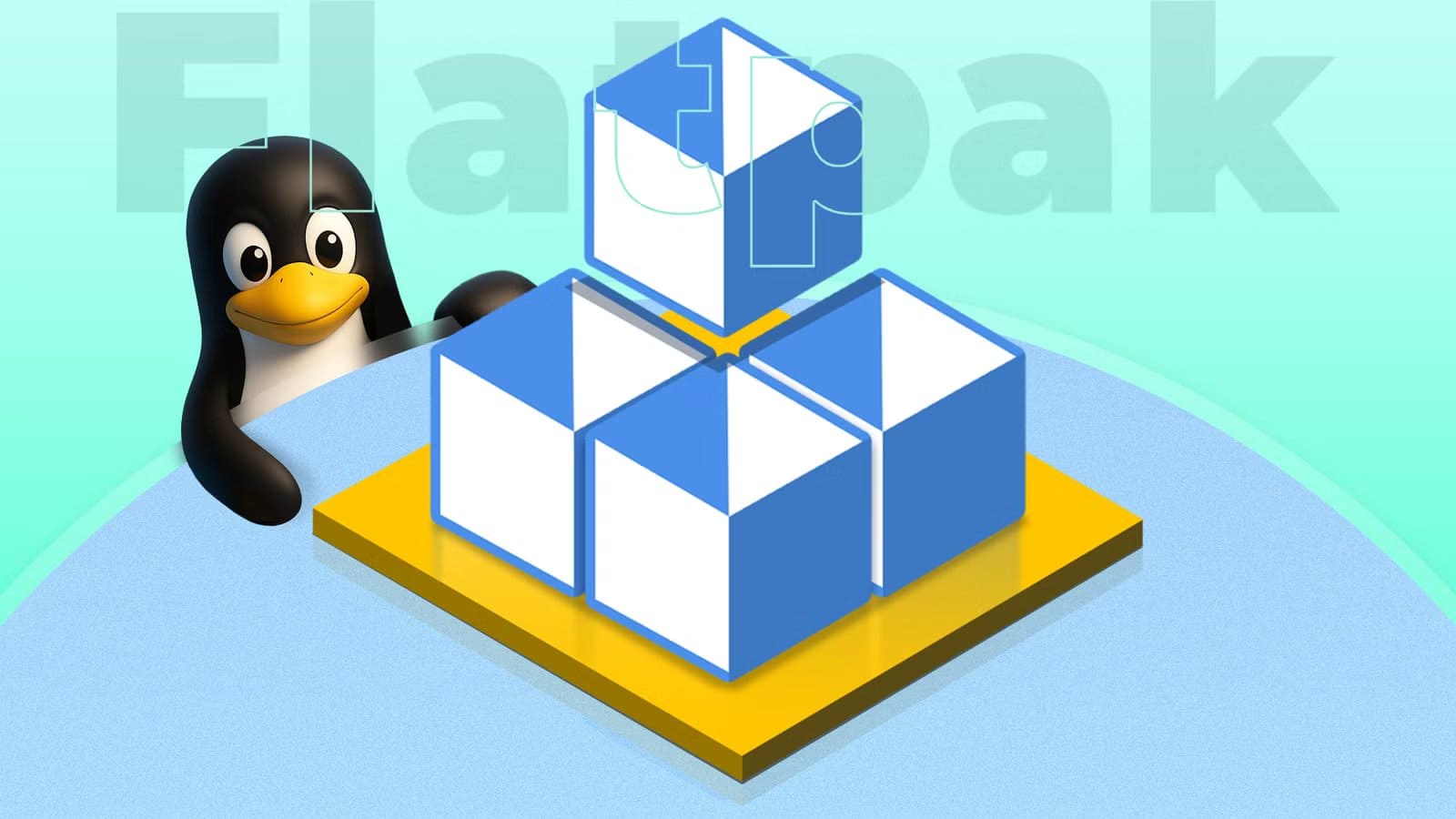 illustration-of-tux-the-linux-mascot-beside-the-flatpak-logo-made-of-blue-and-white-cubes-on-a-yellow-base-with-the-word-flatpak-in-the-background أفضل 7 تطبيقات Flatpak لمستخدمي لينُكس