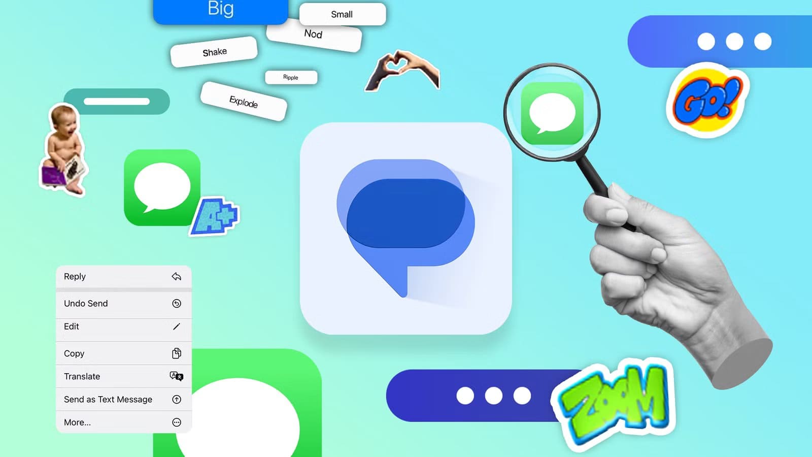illustration-showing-the-google-messages-icon-in-the-center-with-a-magnifying-glass-focusing-on-the-imessages-icon-surrounded-by-chat-bubbles-and-imessage-features تحسينات يحتاجها Google Messages ليواكب تجربة iMessage
