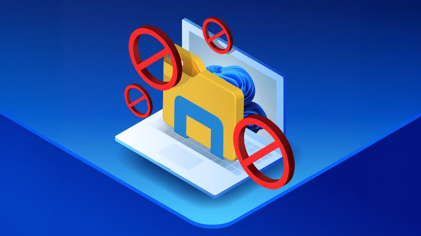isometric-illustration-of-a-laptop-running-windows-11-and-the-file-explorer-icon-surrounded-by-prohibition-signs أفضل الإجراءات عند تعطل Windows 11 واستعادة التشغيل بسرعة