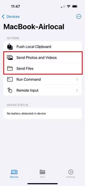 kde-connect-app-on-an-iphone-with-a-red-box-around-the-send-phots-and-videos-and-send-files-options تطبيقات Android مفتوحة المصدر تستحق الاستخدام حتى لو لم تكن مجانية