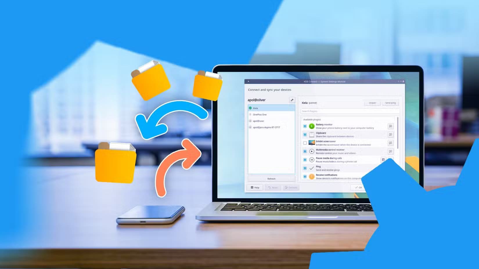 laptop-running-kde-connect-with-a-smartphone-next-to-it-featuring-file-transfer-icons-and-arrows-for-android-to-pc-sharing-1 تطبيقات لينكس قوية تمنح تجربة استخدام أفضل وتستحق الاعتماد عليها دائمًا