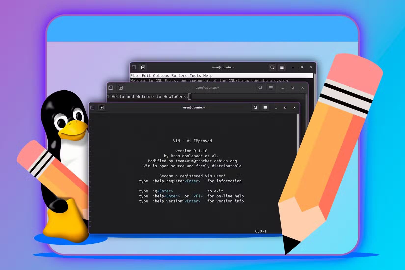 linux-mascot-behind-three-text-editors-with-a-pencil-in-front أقوى الاستخدامات اليومية التي تُثبت قدرة Linux على إنجاز الأعمال بكفاءة عالية